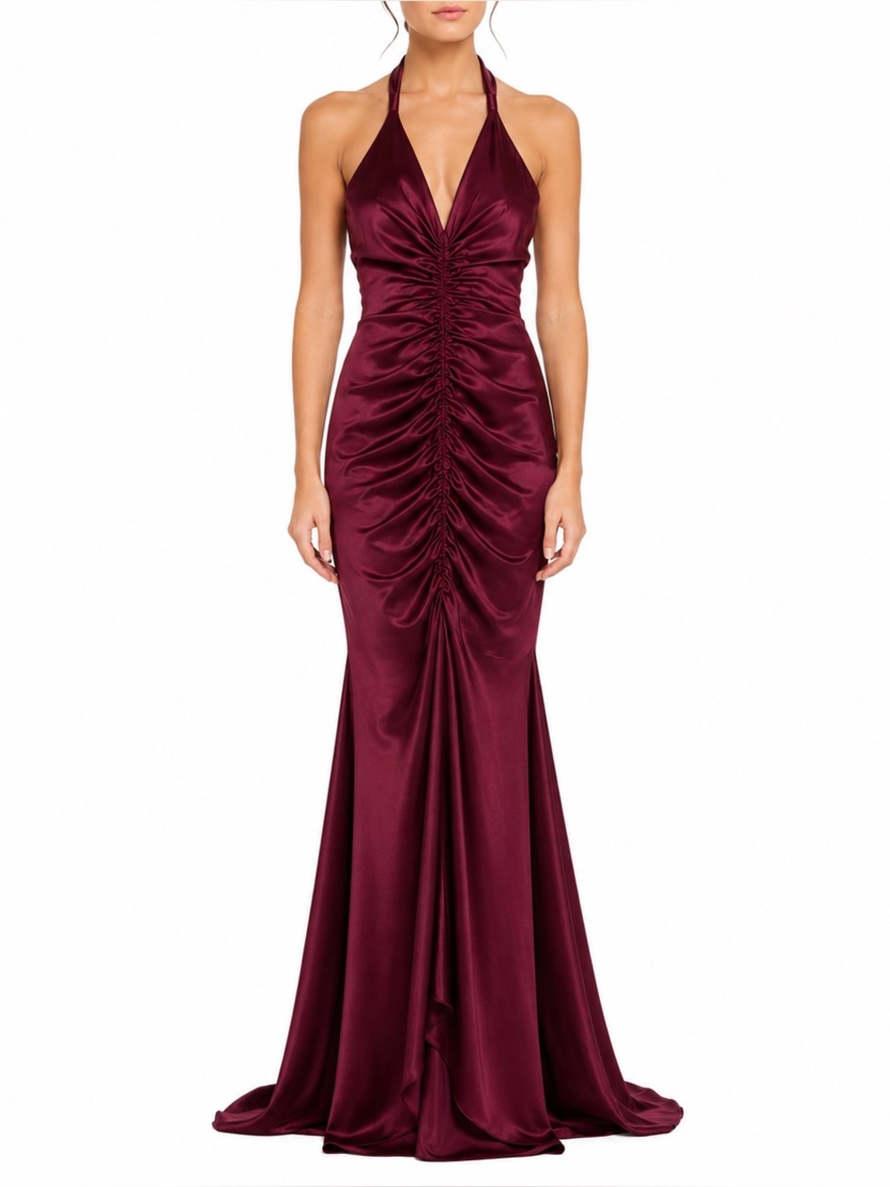Jessica Mcclintock Ruched Satin Halter Gown Burgundy Formal Dress Sz 10 USA NWT